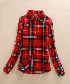 Casual Cotton Lapel Long-Sleeve Plaid Shirt Women Slim Outerwear Blouse