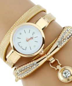 Rhinestone Gold Bracelet Women Watch Pu Leather Ladies Quartz Casual