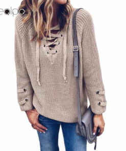 V Neck Knitted Lace up Sweater Striped Bandage Cross Ties Casual Long Jumper